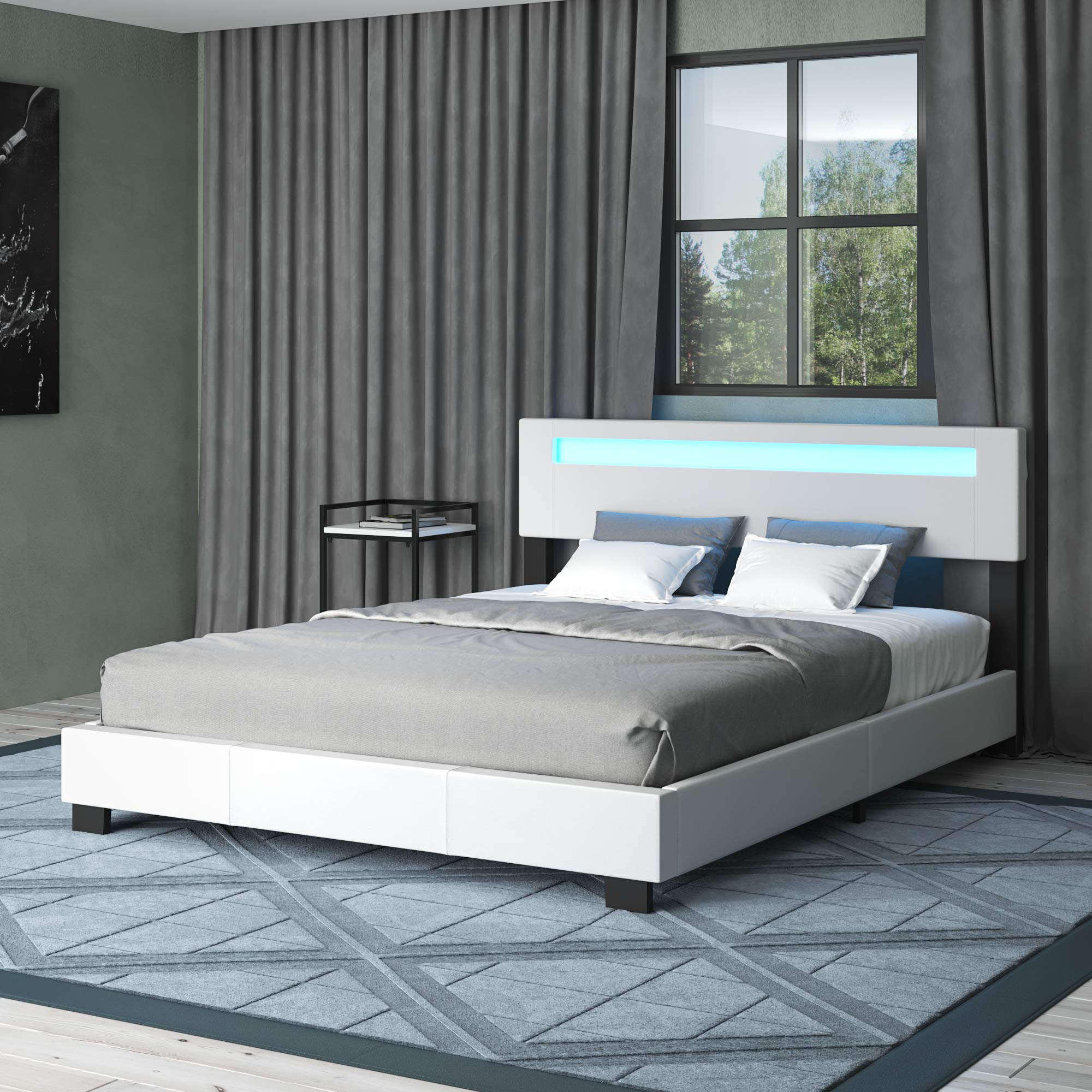 【Furniture】Pezzolla LED Bed Frame King Size - Contemporary Modern Low Profile Platform Bed with 16 Colors LED