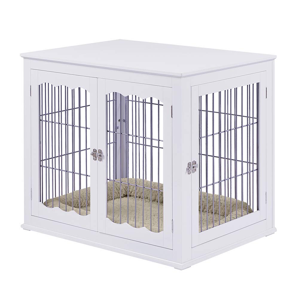 【Pet】Furniture Style Dog Crate End Table with Cushion, Wooden Wire Pet Kennels with Double Doors