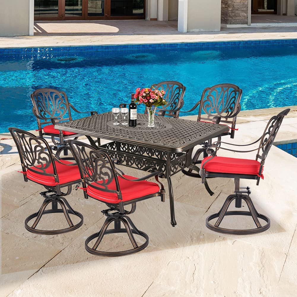 7 Piece Patio Dining Set, 6 Swivel Outdoor Dining Chairs with Cushion and 1 Rectangle Patio Dining Table, Outdoor Metal Furniture Set for Poolside, Backyard, Garden (Red Cushions)