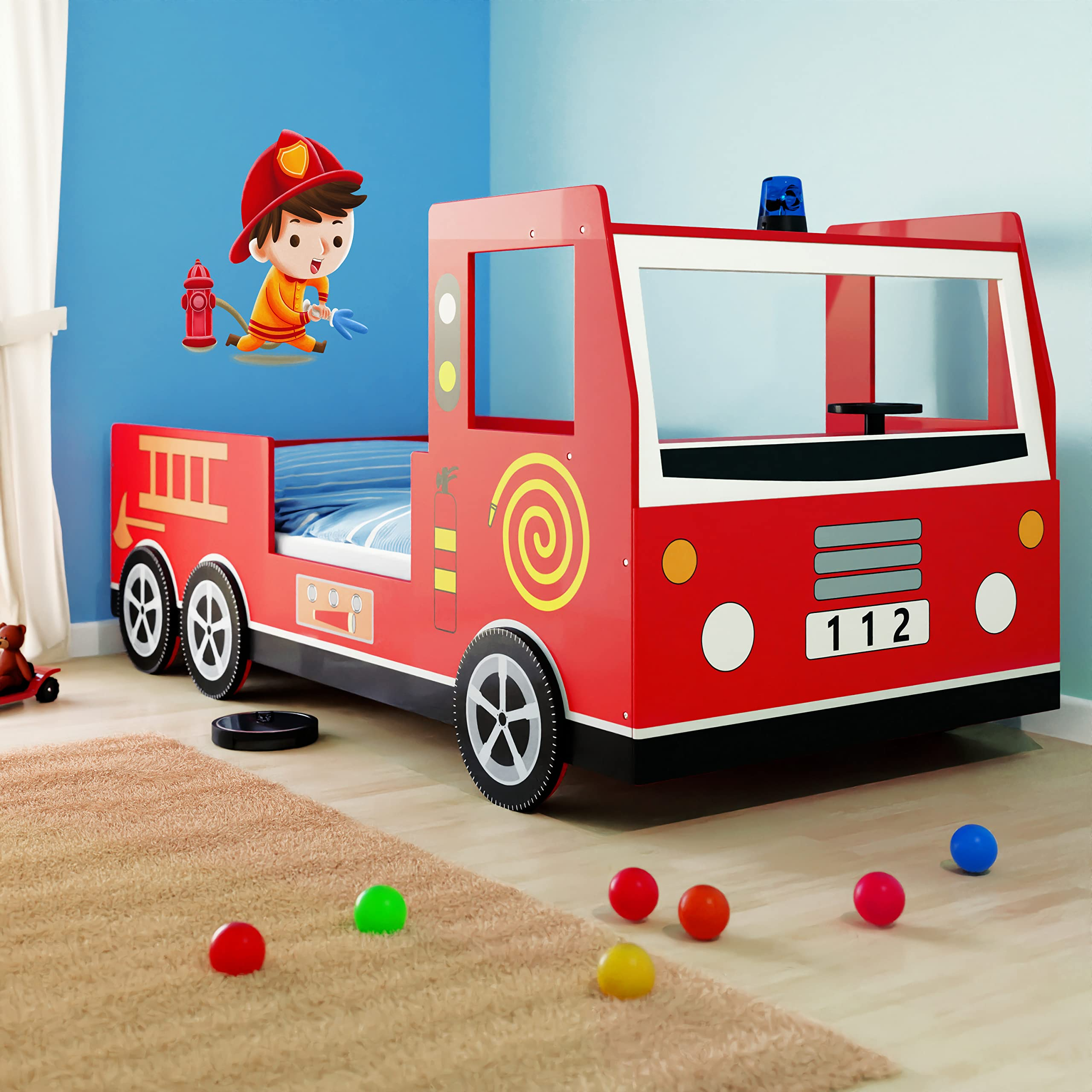 【Furniture】Children's Bed Frame Red Fire Truck Imitation Kids Bed Car Vehicle Bedroom Furniture Toddler's Bed
