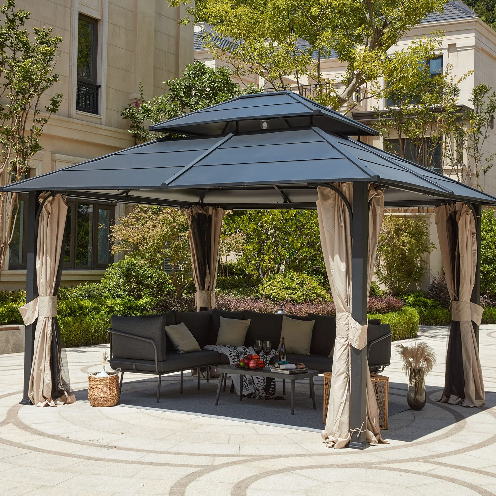 【Gazebo】12x14 Hardtop Gazebo, Iron Double Roof Gazebo with Curtains & Netting, Waterproof Canopy Gazebo