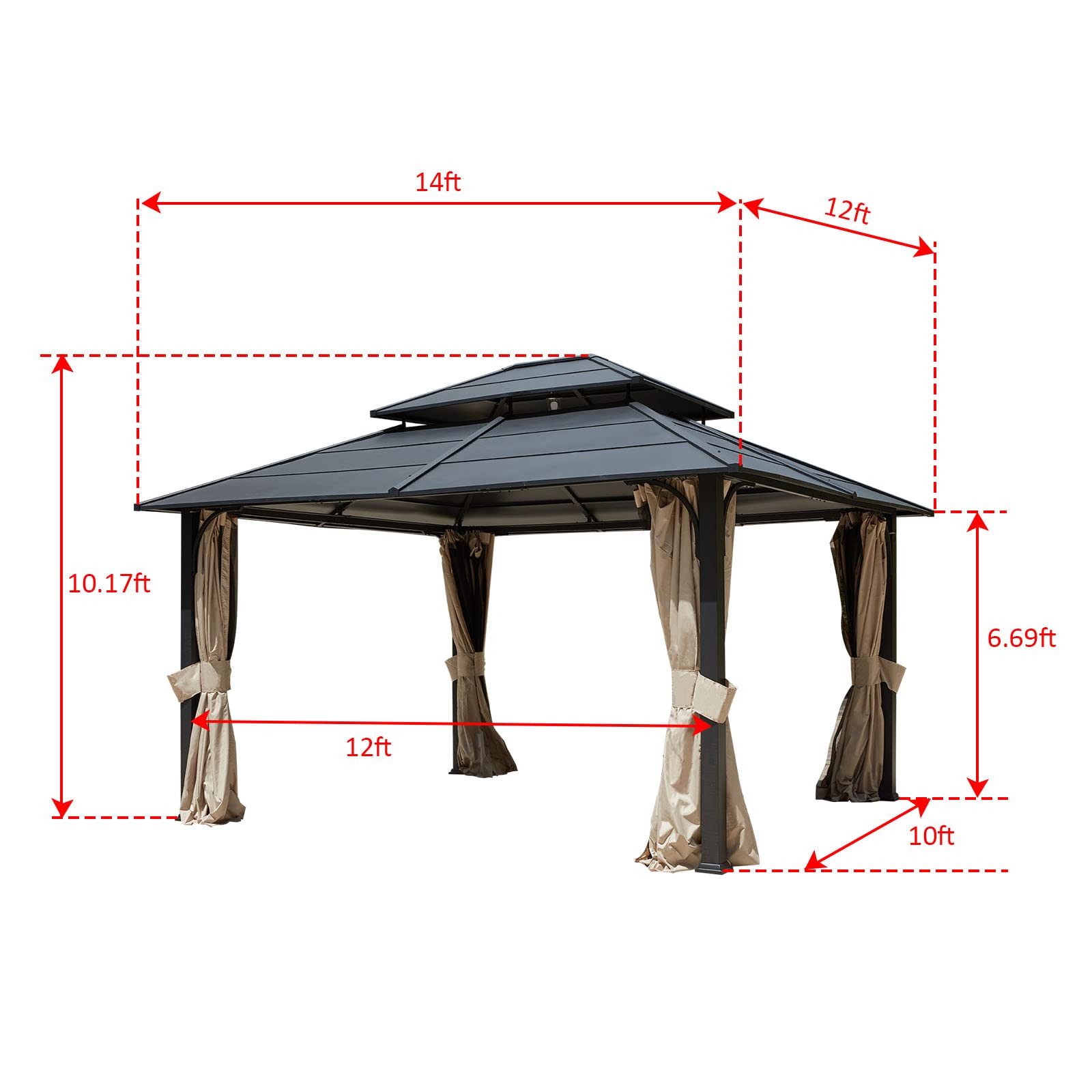 【Gazebo】12x14 Hardtop Gazebo, Iron Double Roof Gazebo with Curtains & Netting, Waterproof Canopy Gazebo