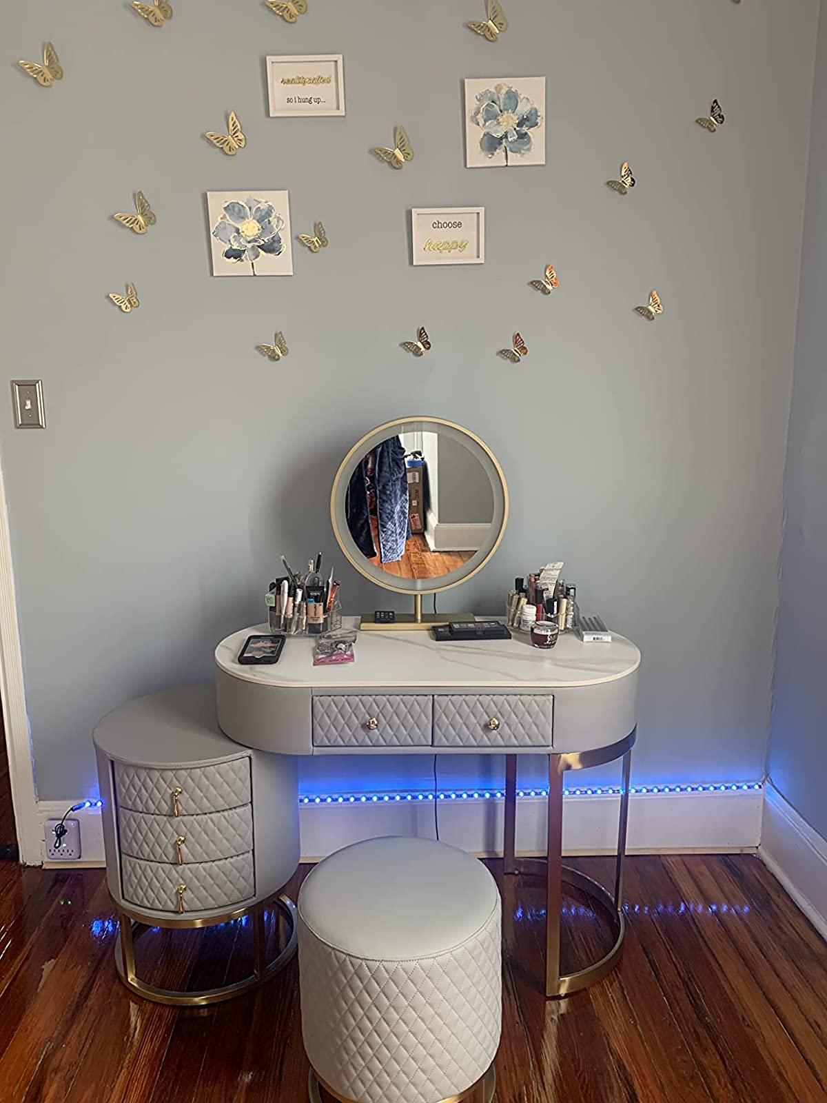 【Furniture】【BS】Dresser Table Vanity Makeup Table Set Makeup with 5 Drawers Dressing Table with Lighted Mirror