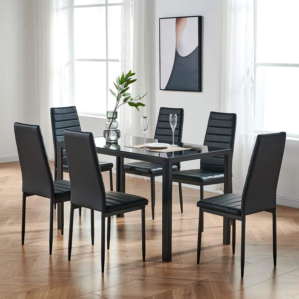 IDS Online Deluxe Glass Dining Table Set 7 Pieces Modern Design With Faux Leather Chair Elegant Style Anti Dirt