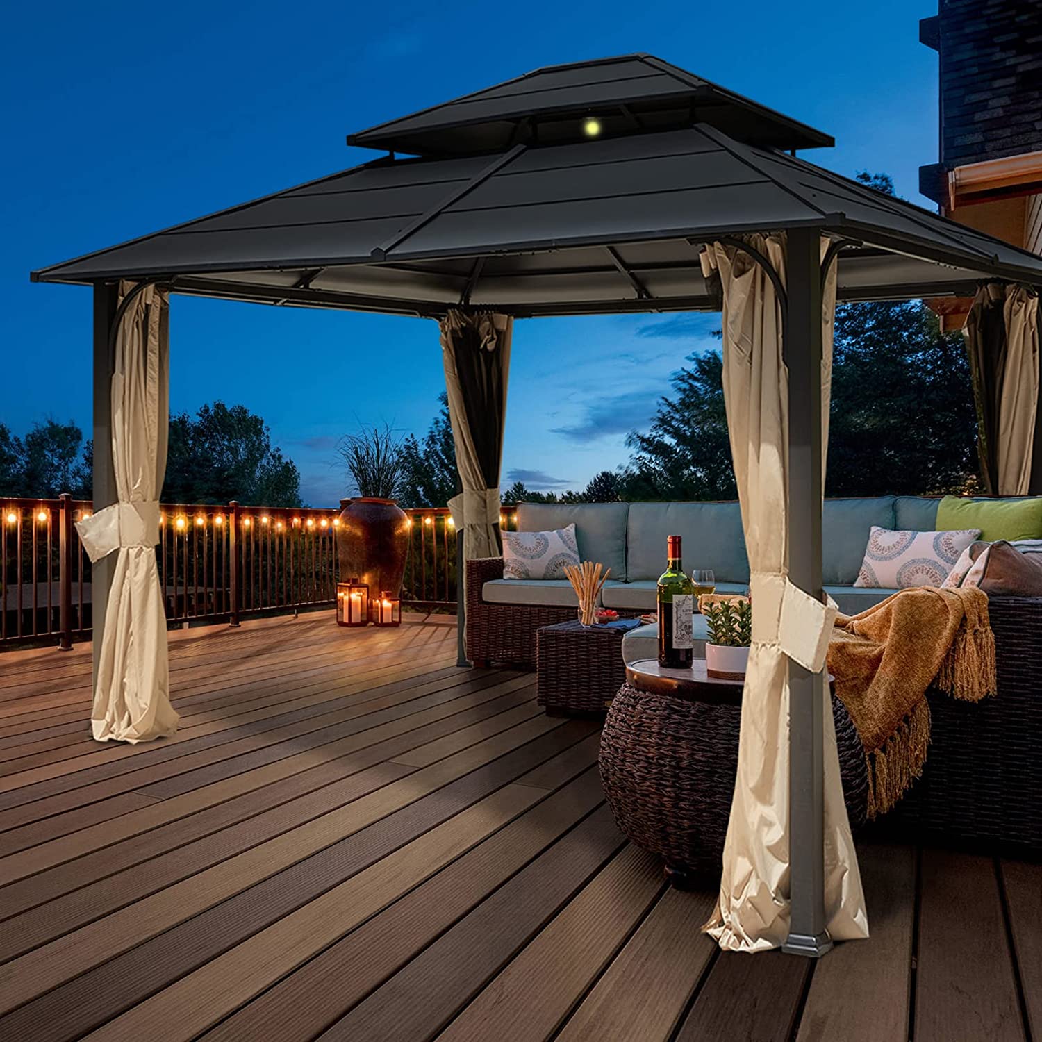 【Gazebo】12' x 14' Hard Top Gazebo, Iron Double Roof Gazebo w Curtains &Netting