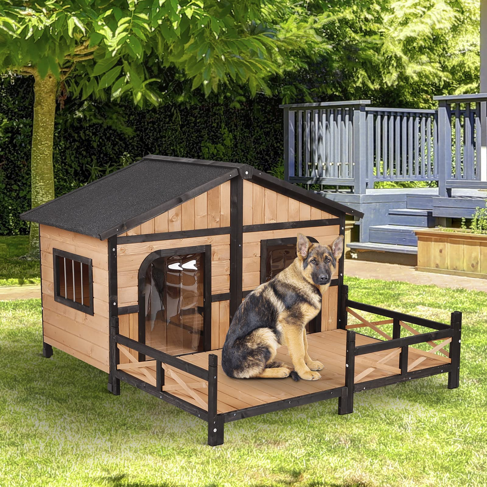 【Pet】59x64x39 Wood Large Dog House Cabin Style Elevated Pet Shelter wPorch Deck Natural