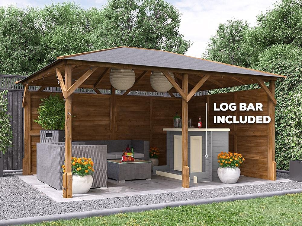 【Gazebo】Garden Bar Gazebo Heavy Duty Pressure Treated Shelter with Roof Shingles, Log Bar & 2 Side Panels