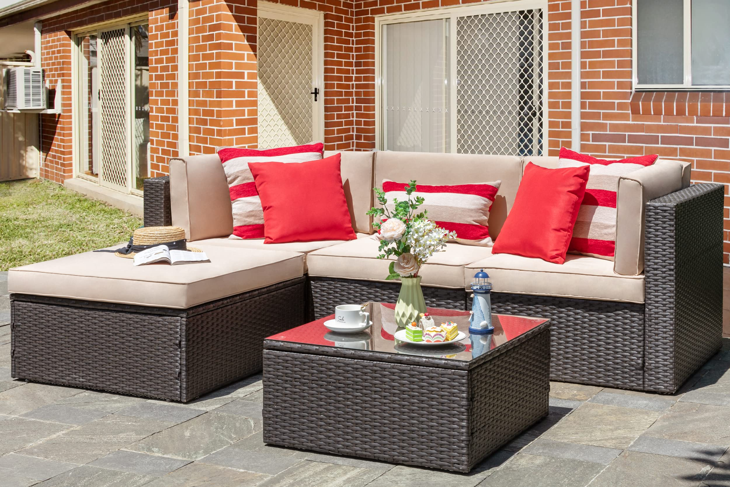 【Furniture】5 Pcs Patio Furniture Sets, All-Weather Brown PE Wicker Outdoor Couch Sectional Patio Set