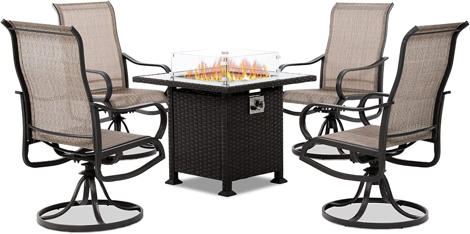 VONZOY 5 Piece Outdoor Patio Furniture Set with 32" 50000BTU Gas Propane Fire Pit Table, 4 Swivel Rocking Dining Chairs, Textilene Conversation Set - Glass Table