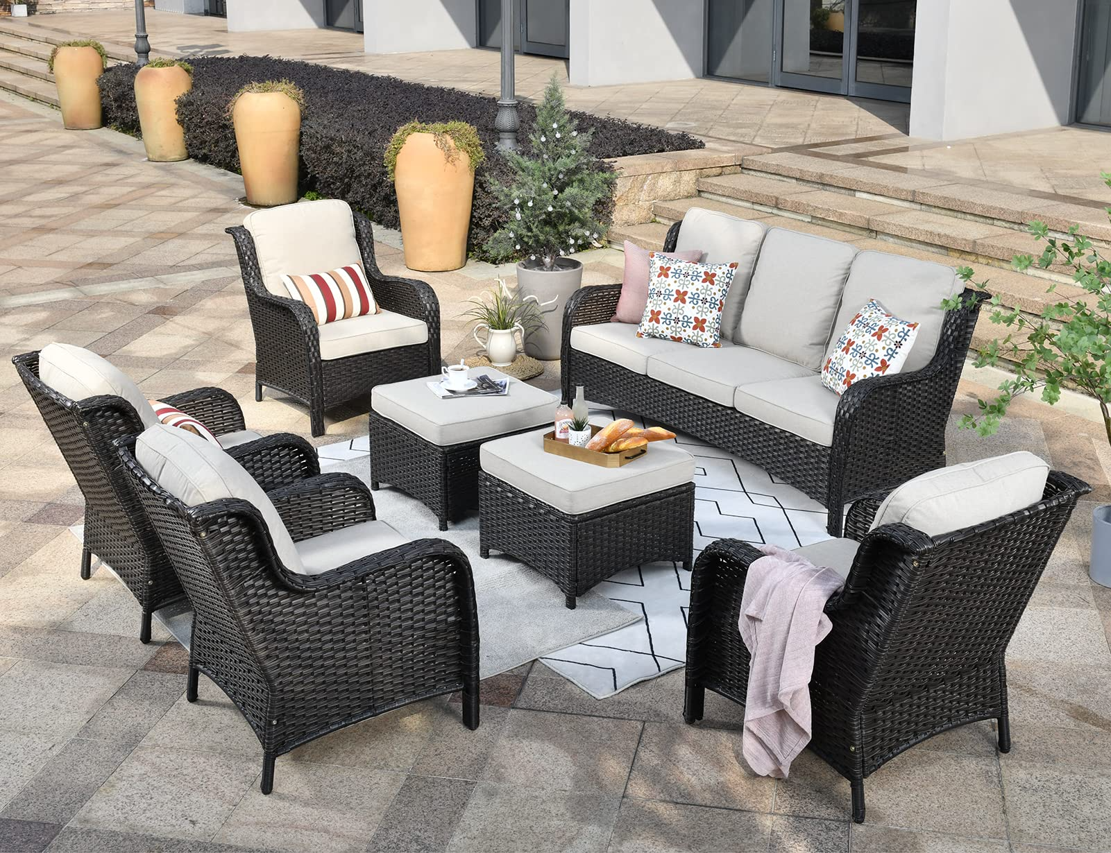 【Furniture】Outdoor Furniture Patio Furniture Set 7 Pcs All Weather Wicker Patio Conversation