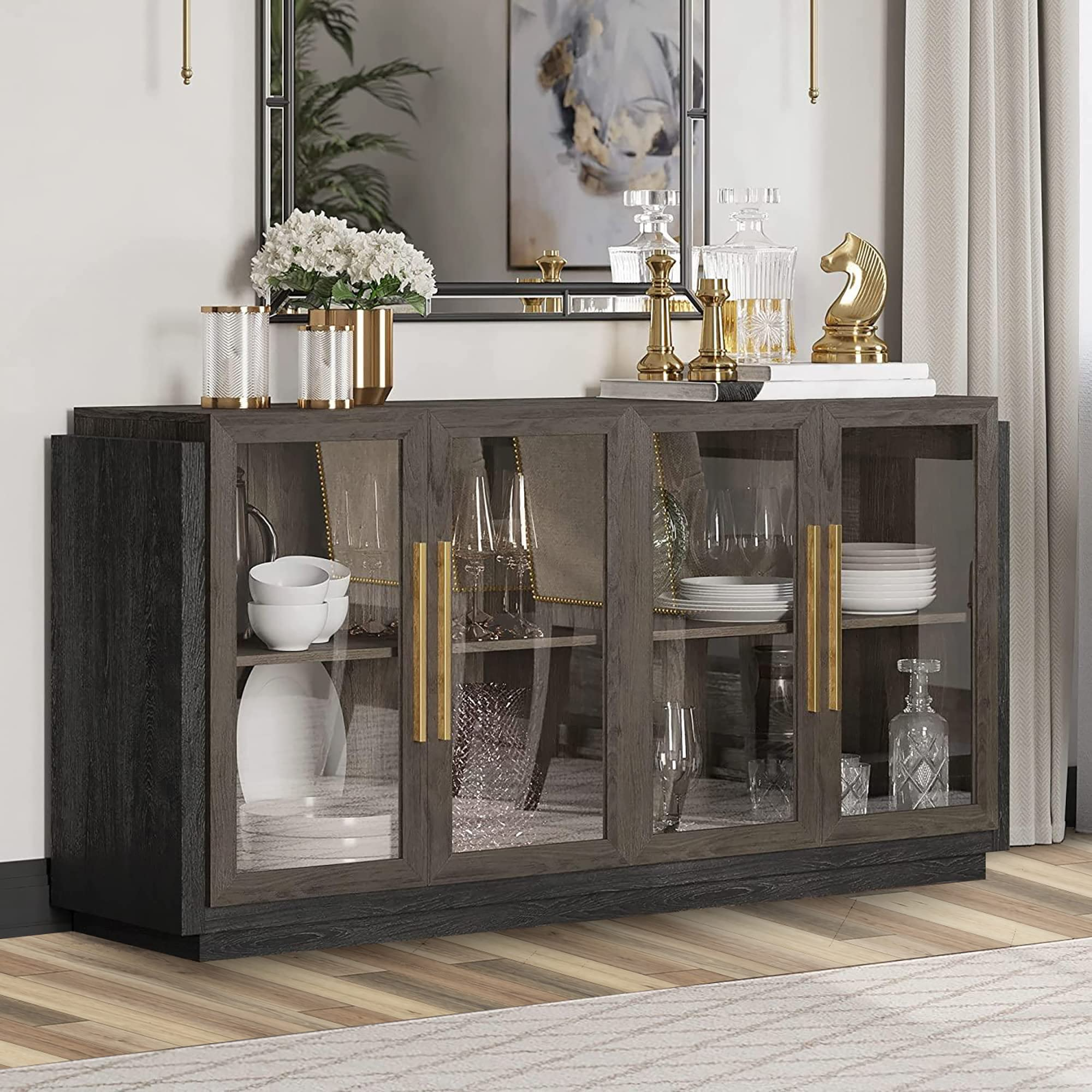 【Furniture】Sideboard Buffet Cabinet, Modern Wood Glass-Buffet-Sideboard with Storage, Console Table
