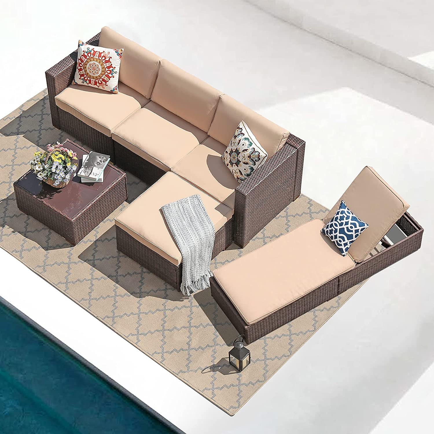 Patiorama 7 Pieces Outdoor Patio Furniture Set,All Weather Grey PE Wicker Rattan Sectional Conversation Set W/Adjustable Chaise Lounge Chair of 2 and Coffee Table,for Porch Garden,Light Grey Cushion