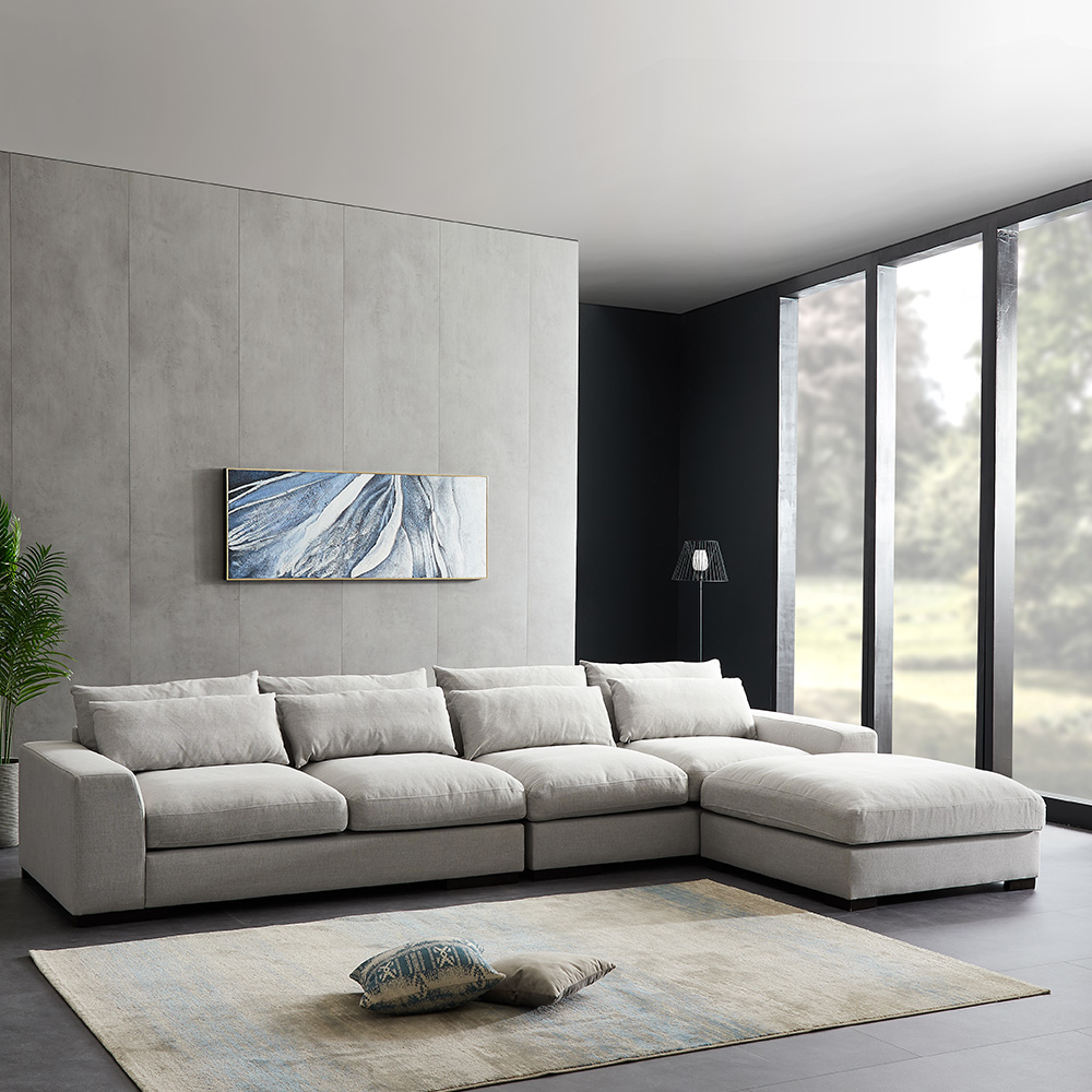 Shelby Wide Reversible Corner Sectional Sofa with Ottoman, White Feathers Padded, Linen Fabric