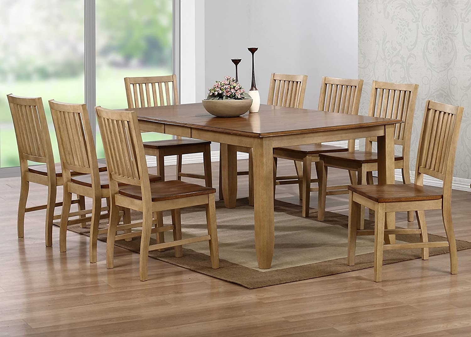 Sunset Trading Brook 9 Piece Extendable Dining Table Set, 3 Sizes, Distressed Two Tone Light Creamy Wheat with Warm Pecan Brown