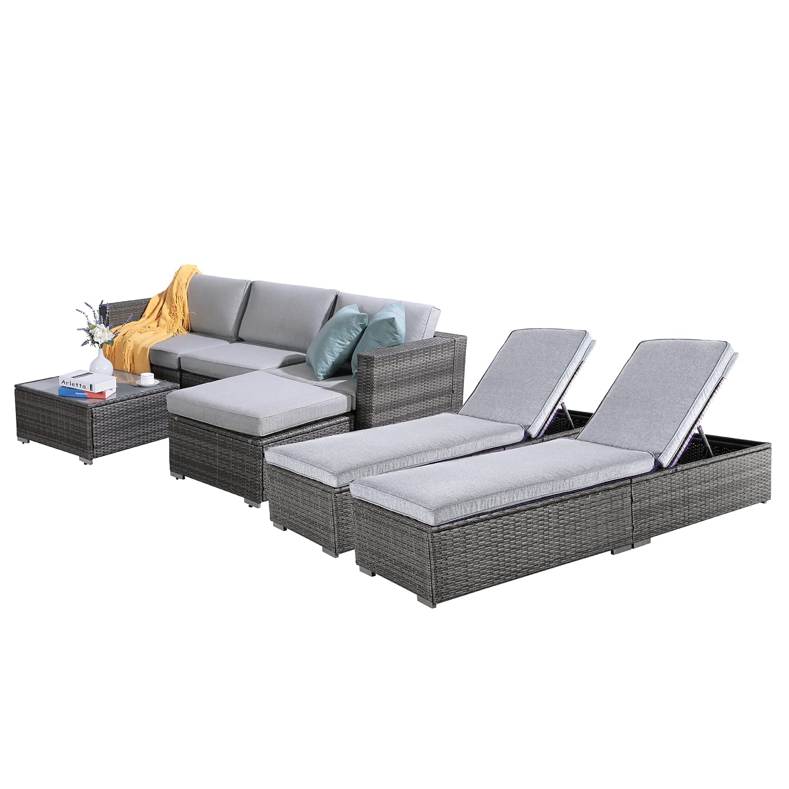 【Furniture】7 Pcs Outdoor Patio Furniture Set, All Weather Grey PE Wicker Rattan Sectional Conversation Set
