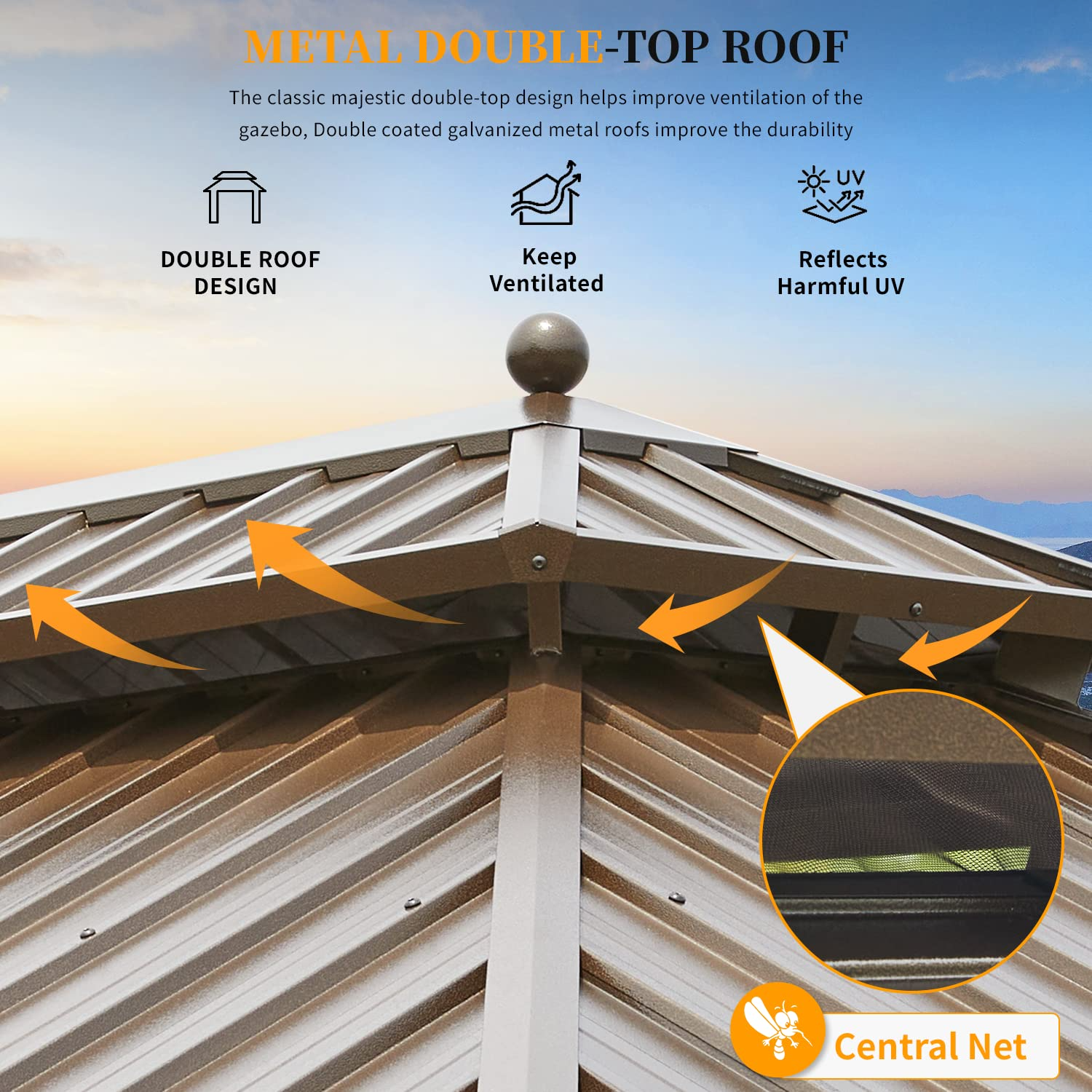 【Gazebo】10'x13' Hardtop Gazebo Galvanized Steel Outdoor Patio Gazebo Canopy Double Roof Pergolas