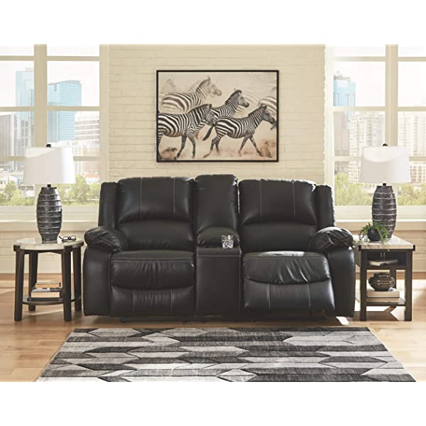 Signature Design by Ashley - Calderwell Contemporary Faux Leather Double Reclining Loveseat w/ Console - Adjustable - Gray Manual Loveseat Grey