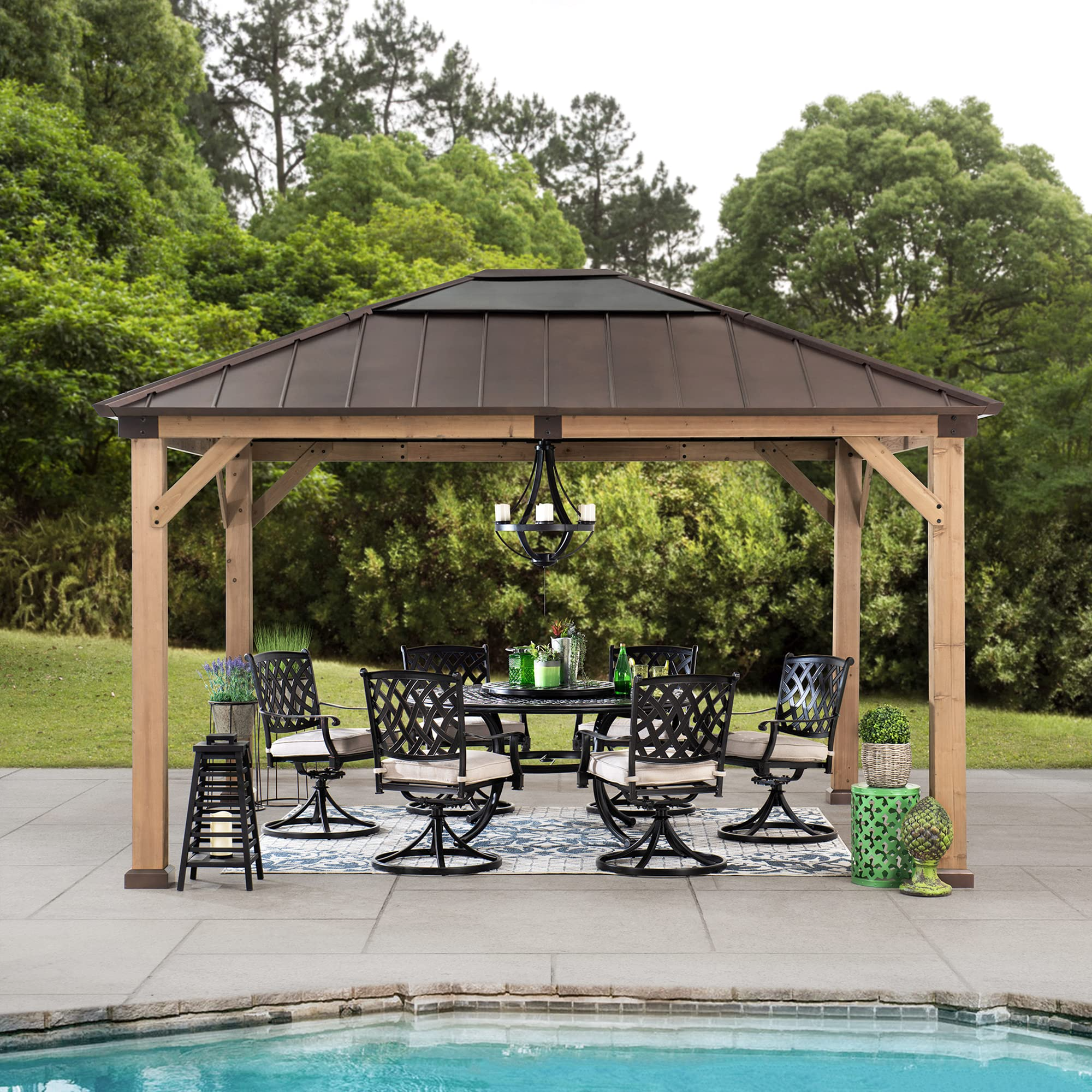 【Gazebo】Outdoor Patio 11x13 Cedar Framed Wood Gazebo with Brown Steel & Polycarbonate Hip Roof Hardtop