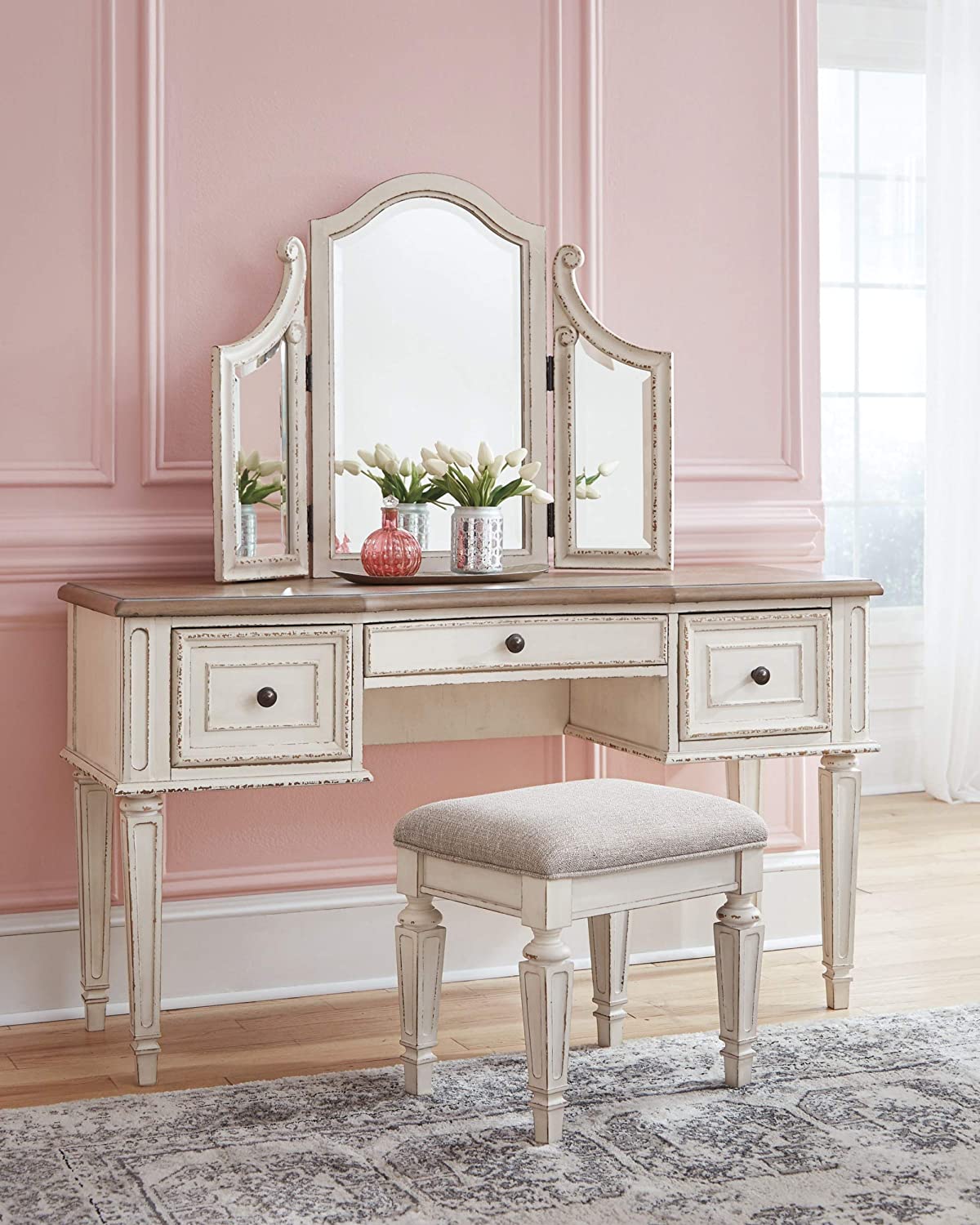 Signature Design by Ashley Realyn Traditional Cottage 3 Drawer Vanity Set with Dovetail Construction, Mirror & Stool Included, Chipped White, Distressed Brown