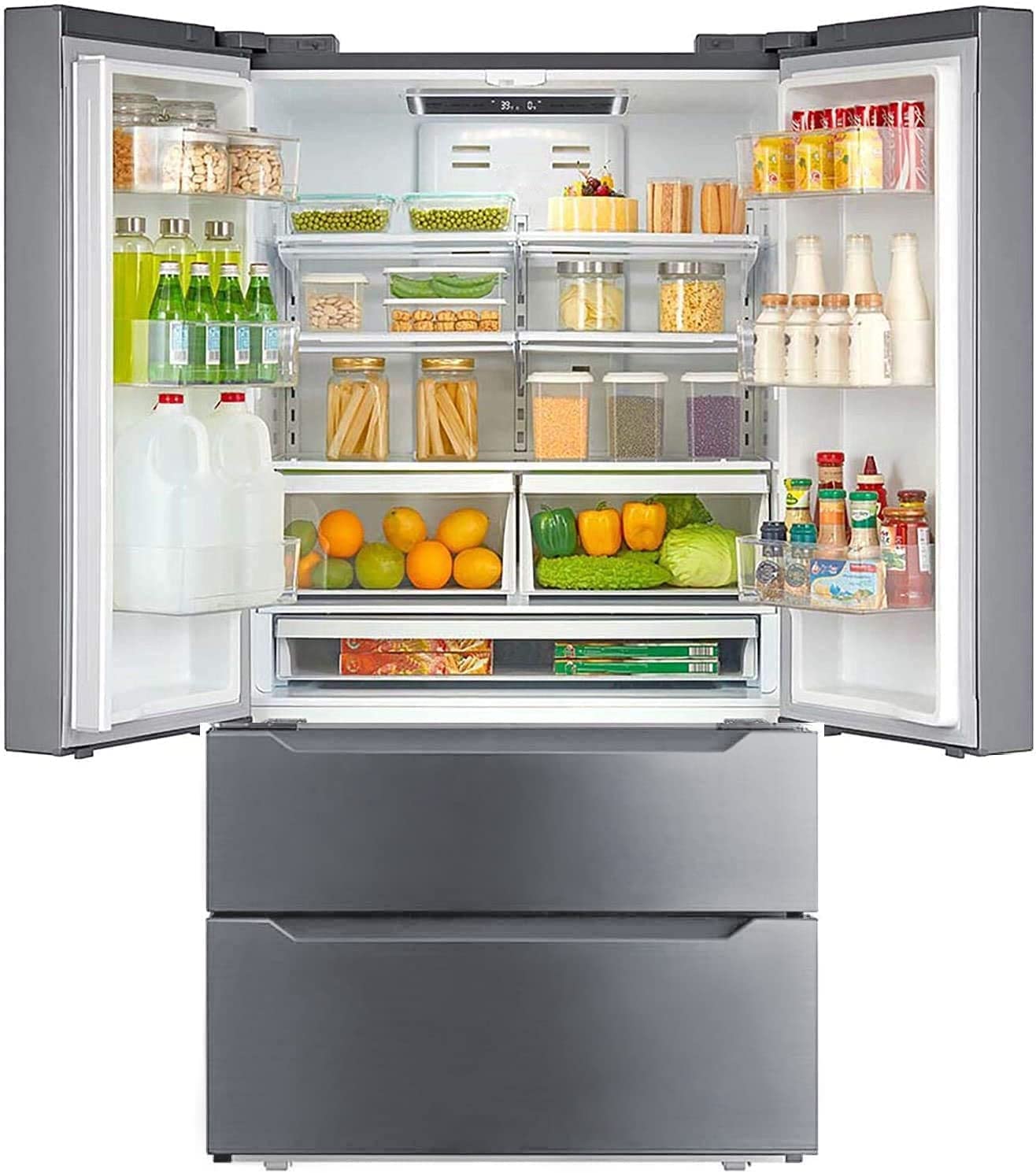 SMETA Side by Side Refrigerator 36 Inch French Door Full size 26.3 Cu.Ft Freestanding with Auto Ice Maker and Water Dispenser Large Capacity Refrigerator for Home, Kitchen, Stainless Steel
