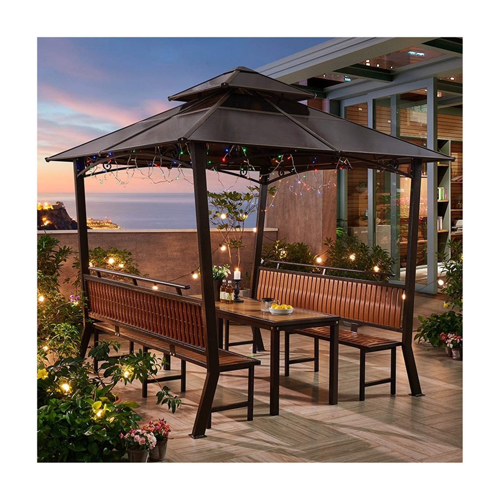 【Gazebo】Outdoor Pergola Villa Garden Furniture, Patio Pavilion with Desk Patio Gazebo Outdoor Canopy Gazebo