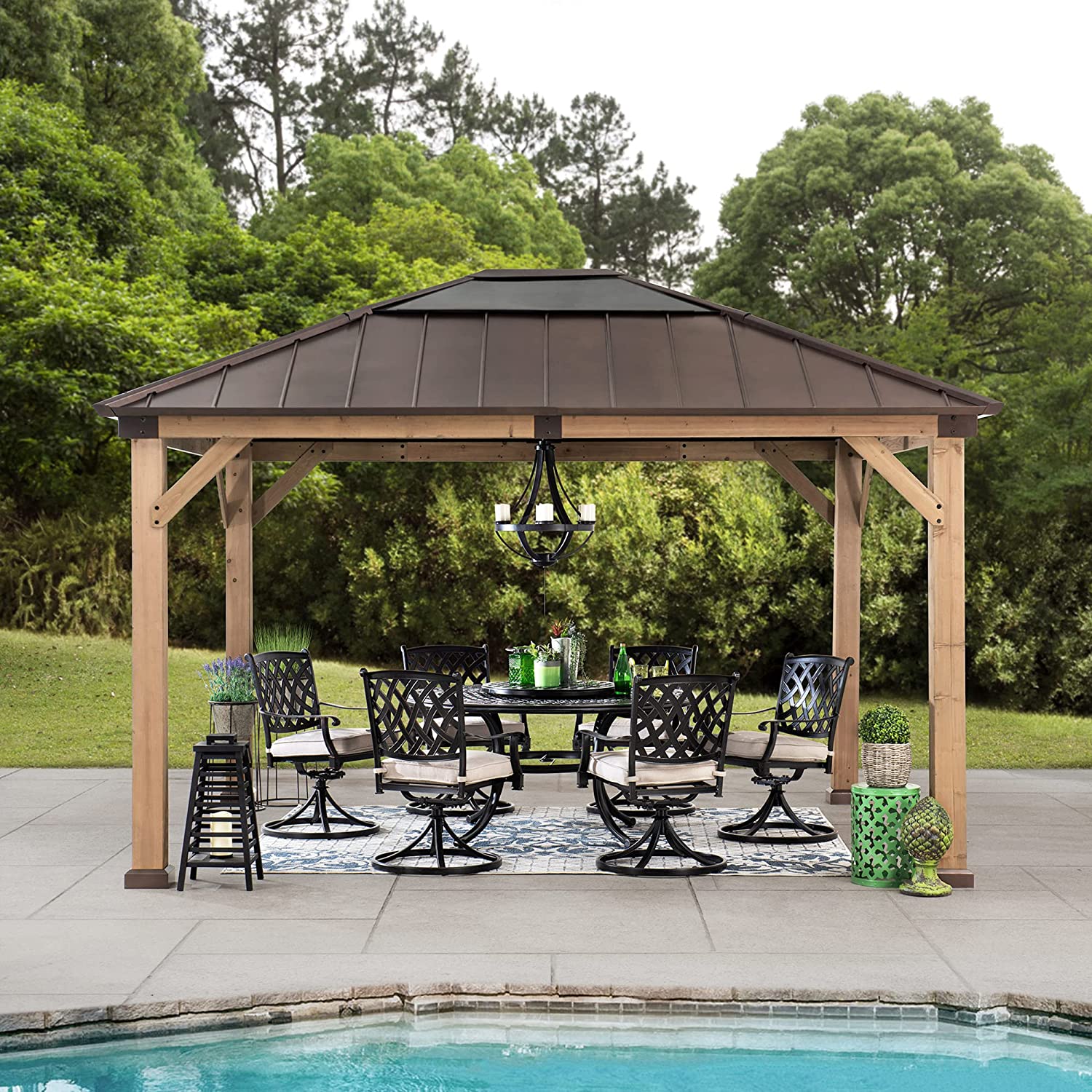 【Gazebo】Outdoor Patio 11x13 ft. Cedar Framed Wood Gazebo with Brown Steel, Roof Hardtop
