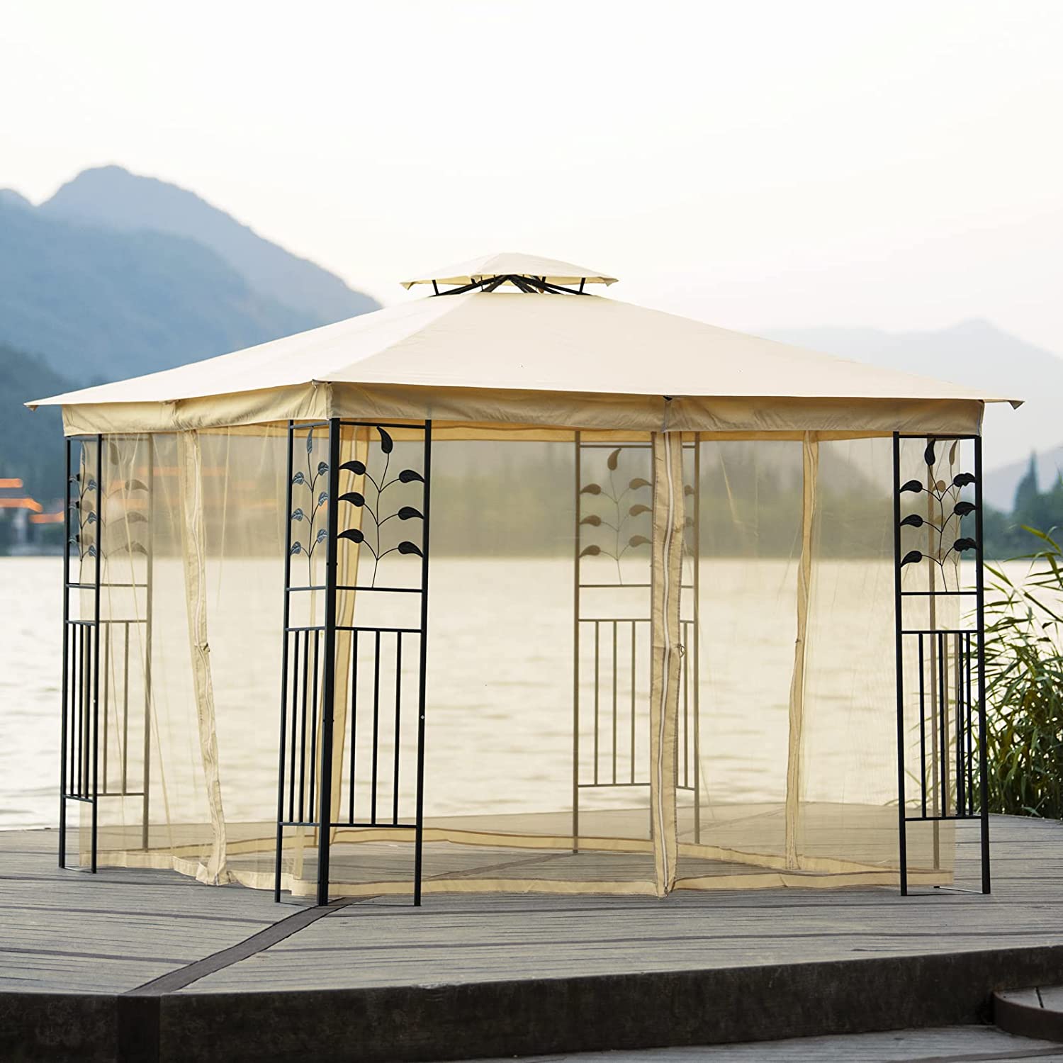 【Gazebo】10x10 Ft Patio BBQ Gazebo w/Side Wall & Mosquito Netting for Outdoor Party Activities, Beige