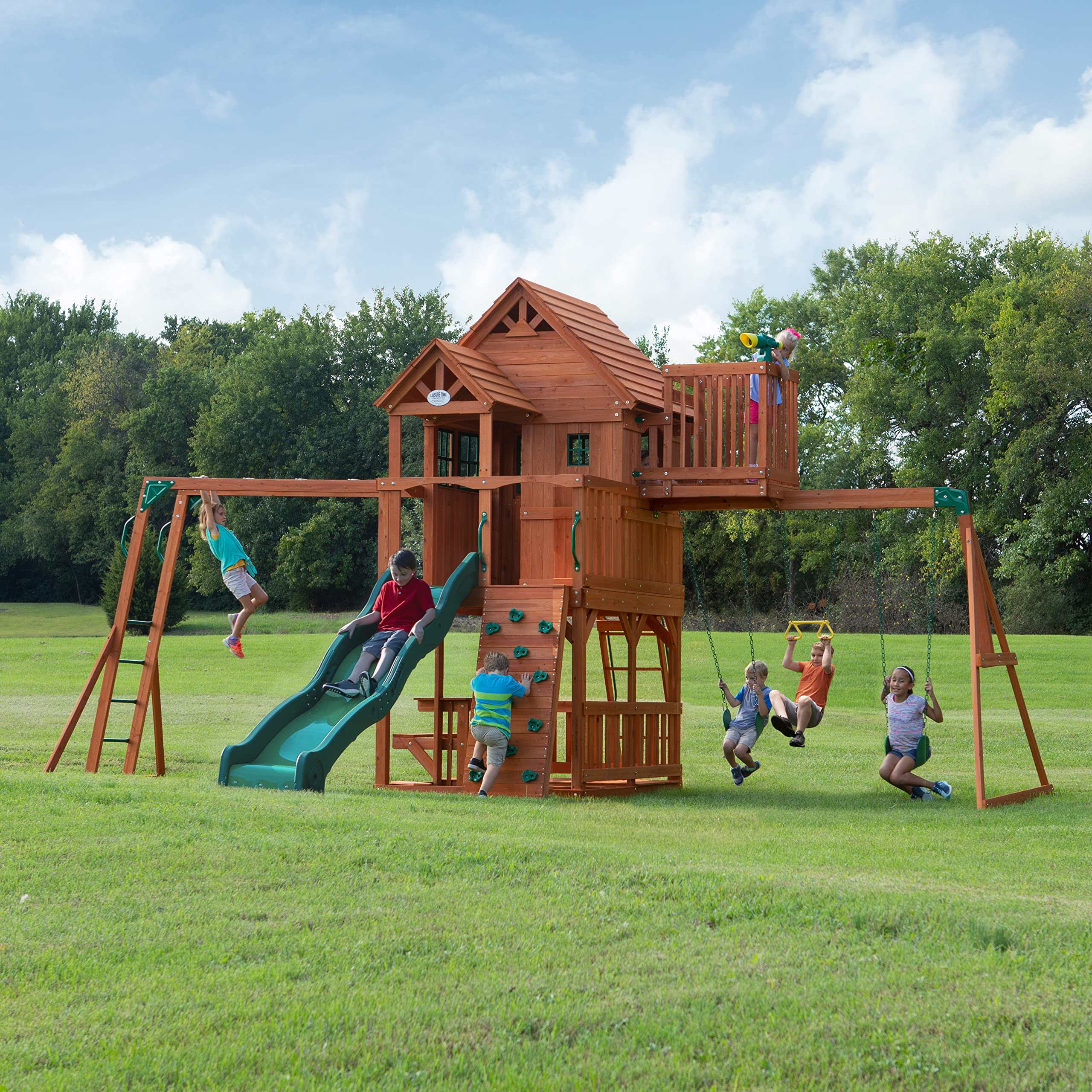 【Sports & Outdoor】Skyfort II Playground Cedar Wood Swing Set with Playhouse Fort, Sandbox, Picnic Table, Slide