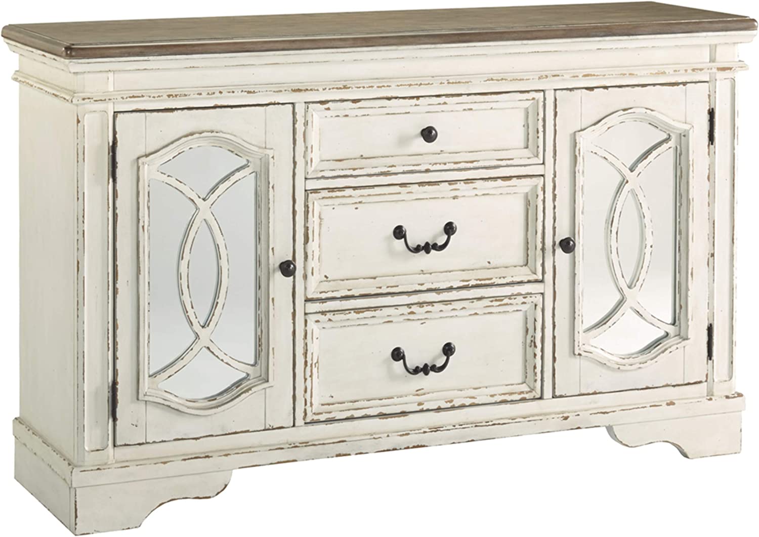 Signature Design by Ashley Realyn French Country Distressed -Dining Room Buffet or Server, Chipped White