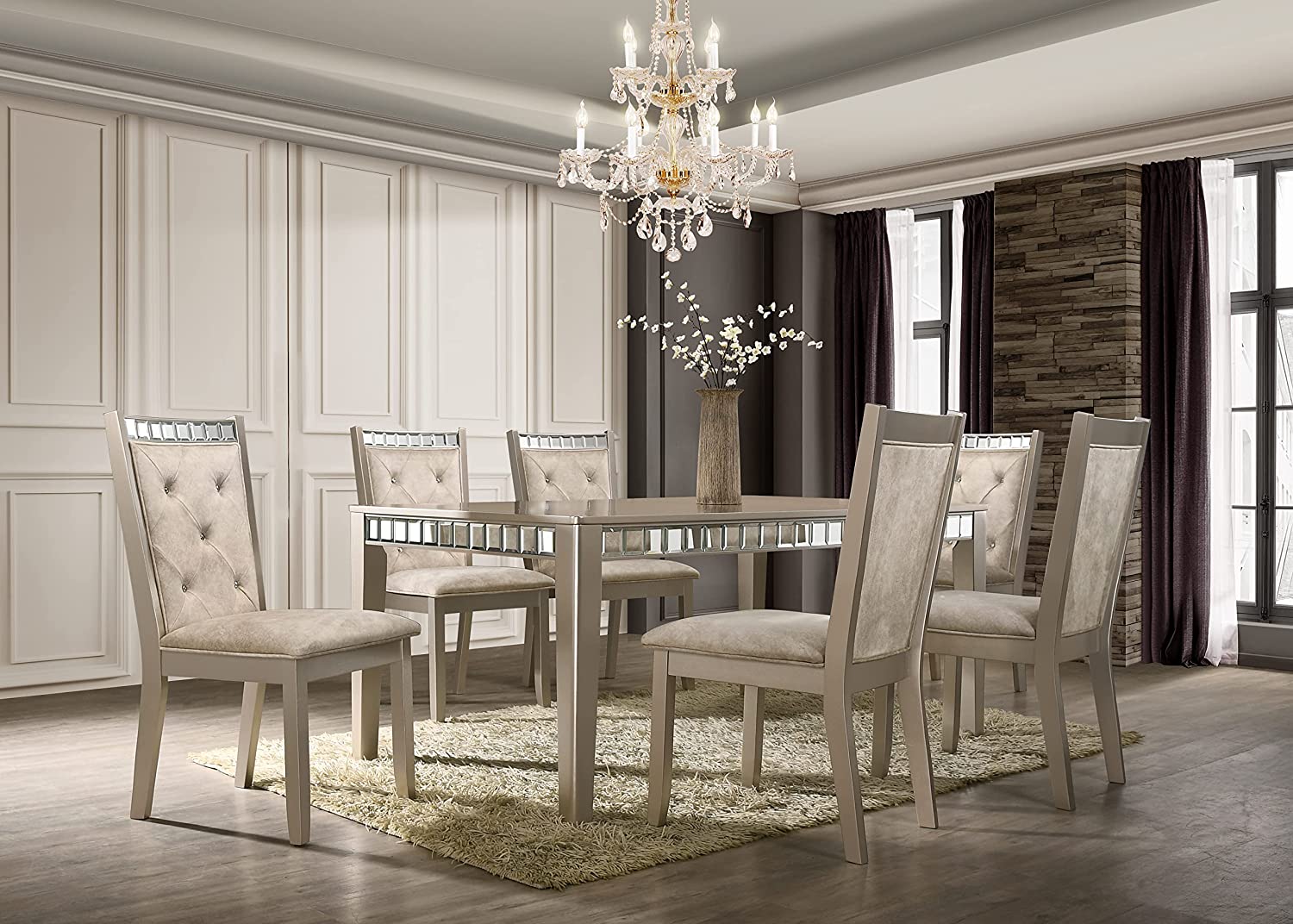 Liveasy Furniture Dining Table Set for 6, Kitchen & Dining Room Sets with Button Tufted Upholstered Chairs and Mirror Tile Edge (Champagne/Beige)
