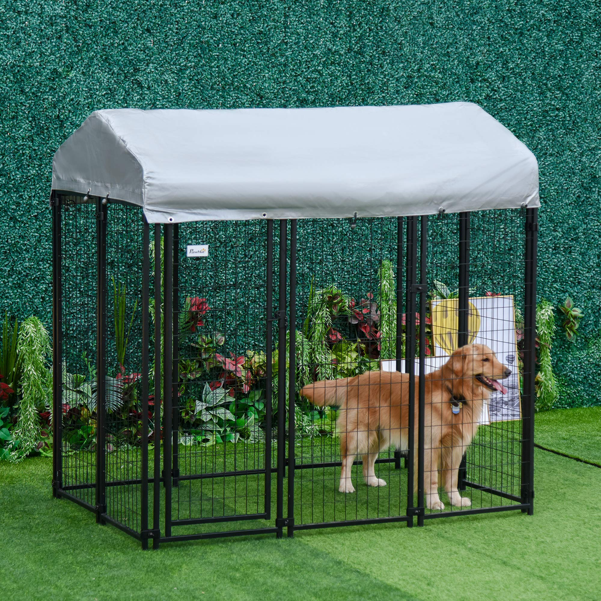 【Pet】6'x4'x6' Large Dog Kennel Outdoor Steel Fence with UV-Resistant Cloth Roof & Secure Lock