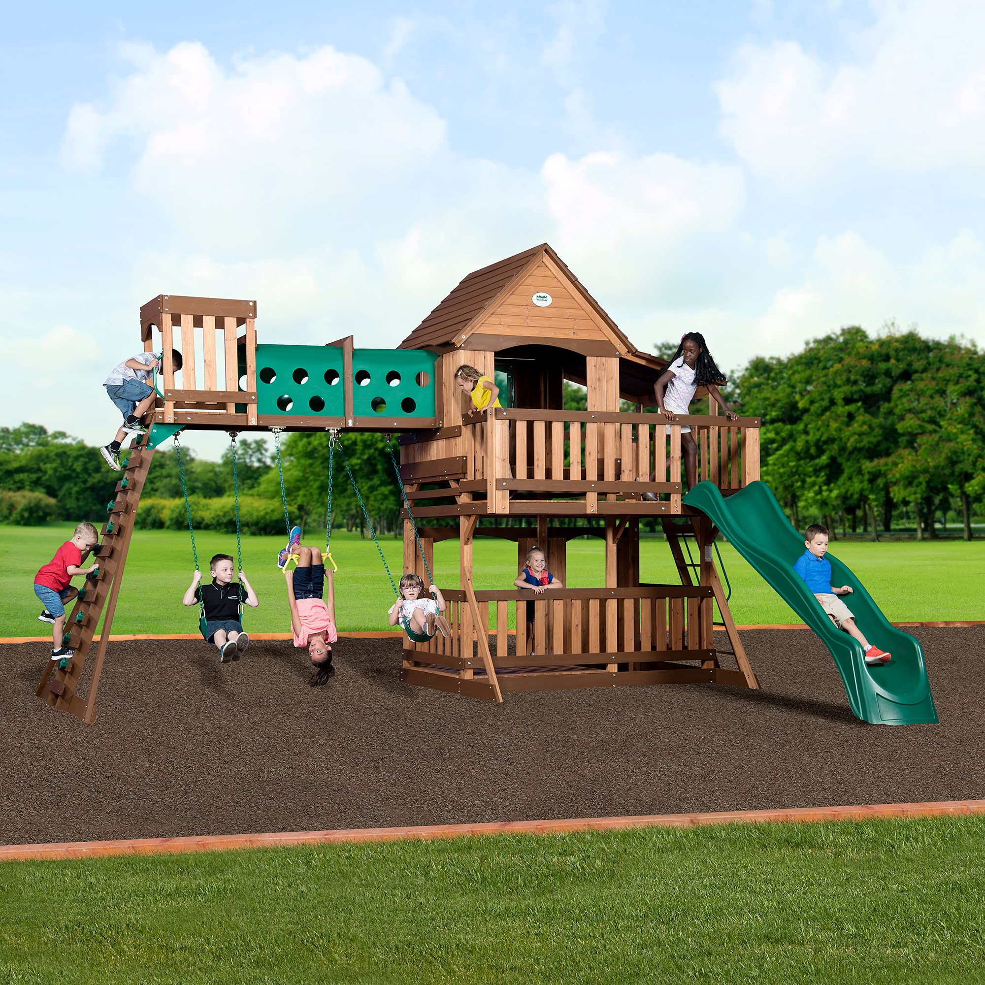 【Sports & Outdoor】Woodridge Elite All Cedar Wood Swing Set, Upper and Lower Deck, Sandbox, Vented Tunnel