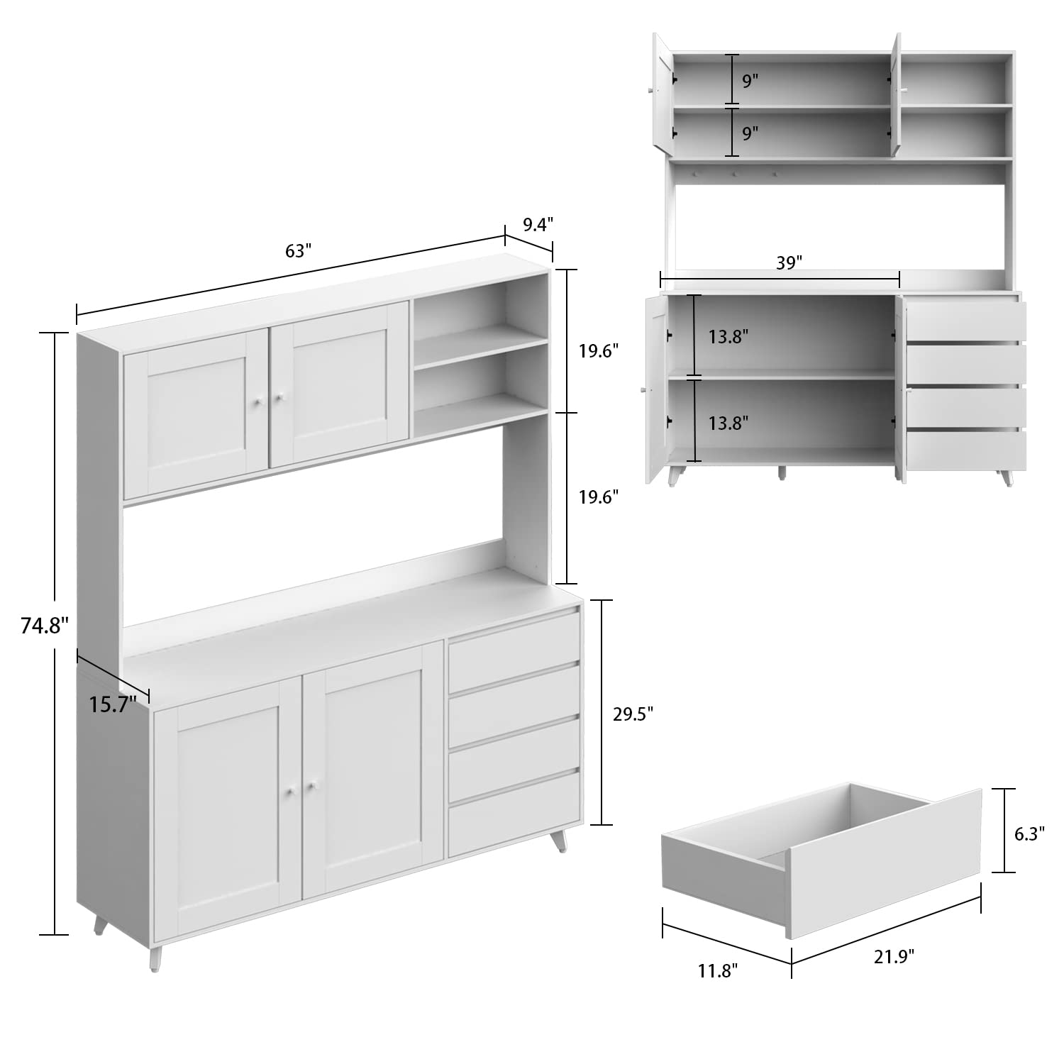 【Furniture】Freestanding Kitchen Pantry Storage Cabinet with Glass Doors, Shelves & Drawers