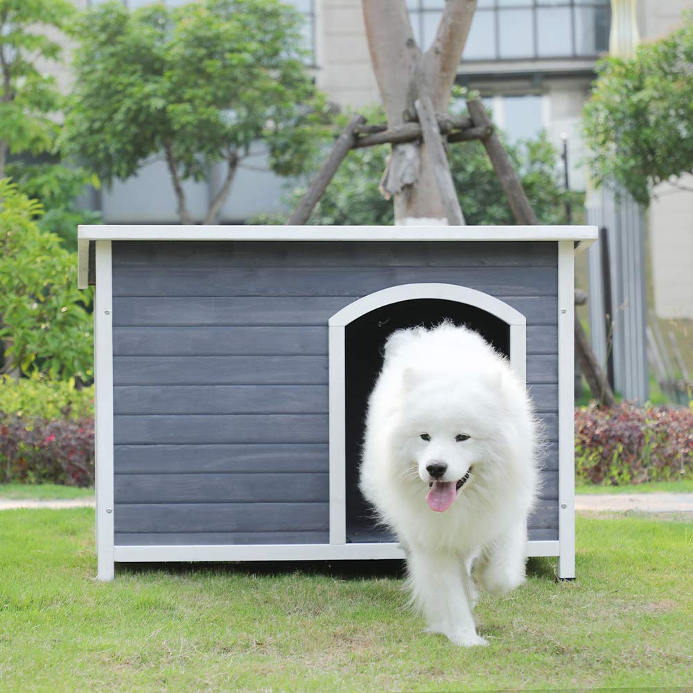 【Pet】Outdoor Wooden Dog House with Hinges, Raised Feet, Openable Asphalt Roof & Removable Floor