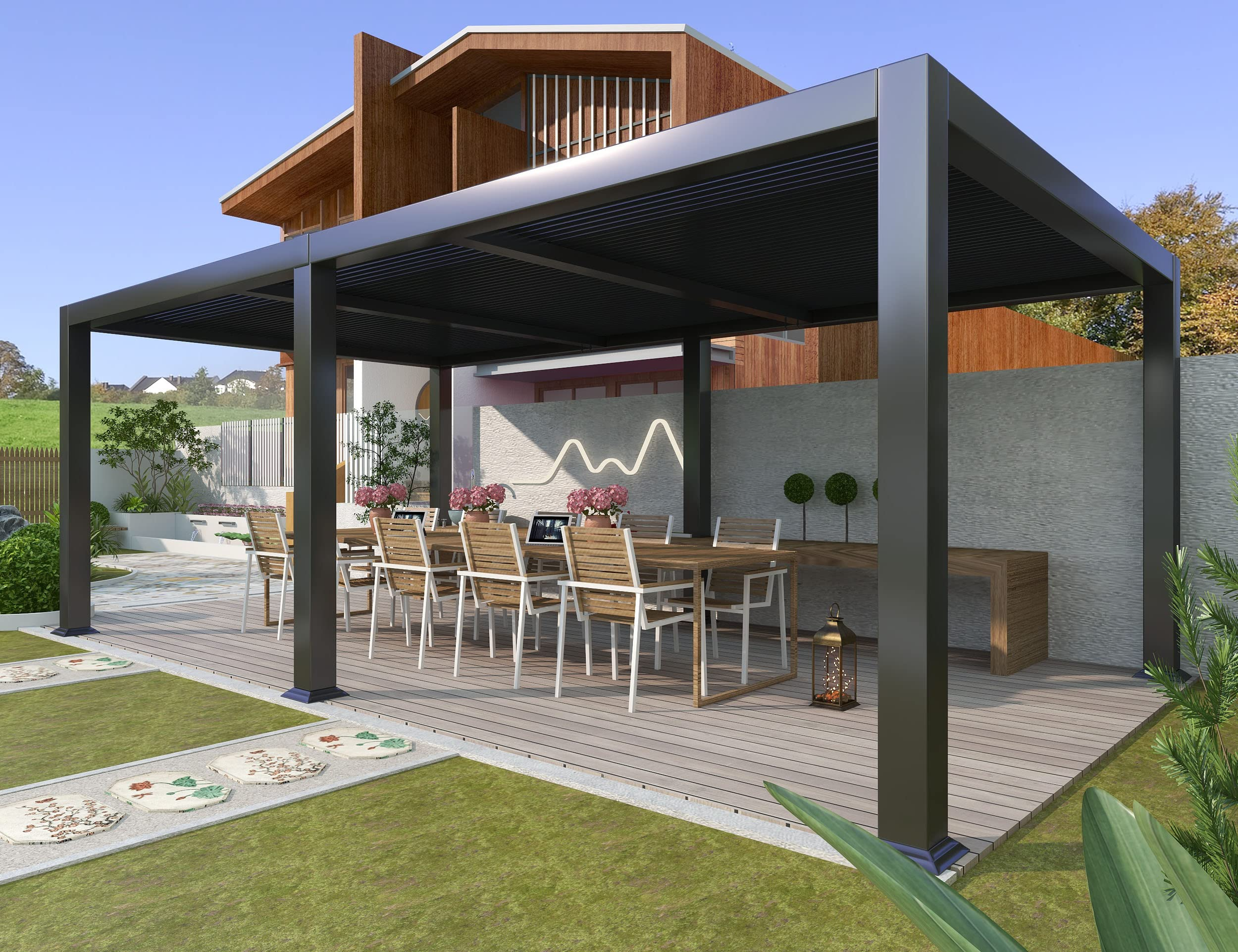 【Home&Garden】11.5'x17.7' Outdoor Louvered Pergola with Adjustable Hardtop Gazebo Sun Shade Patio