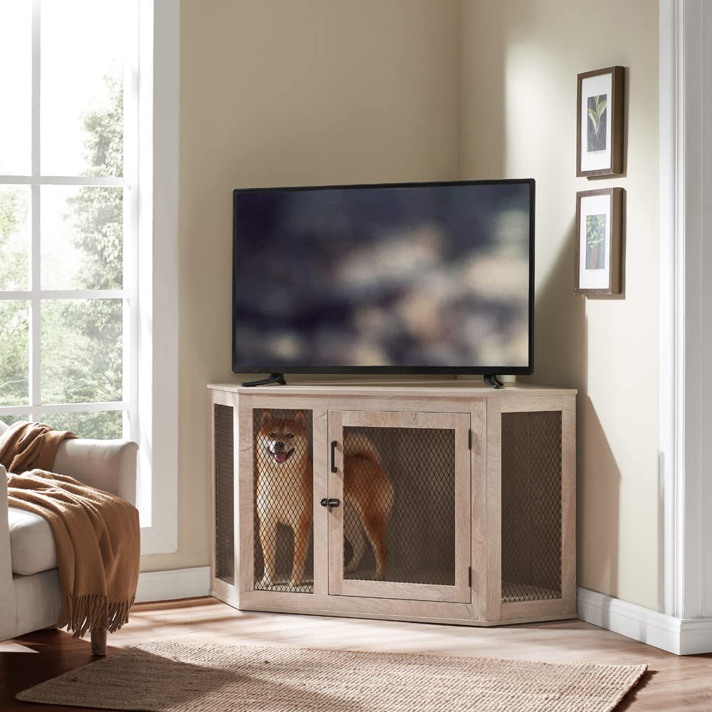 【Pet】Furniture Corner Dog Crate with Cushion, Dog Kennel with Wood and Mesh, Dog House