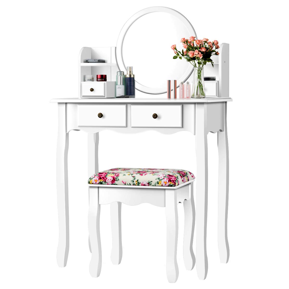 【Furniture】4 Storage Shelves and 4 Drawers, Makeup Table with 360° Pivoted Round Mirror