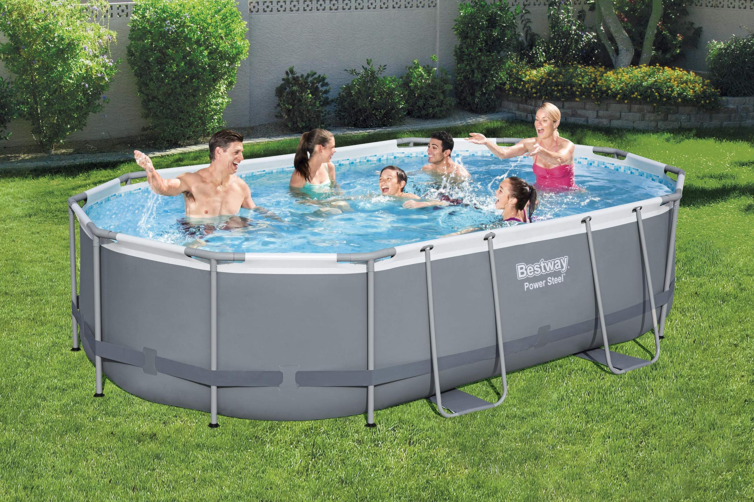【Sports&Outdoors】Power Steel Above Ground Pool, Garden Swimmin Pool Set, Grey, 16 ft