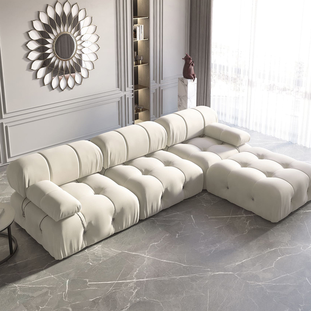 Modern Section Sofa, L-Shaped Sofa with Rolled Arm, Velvet, Beige, 138.58''