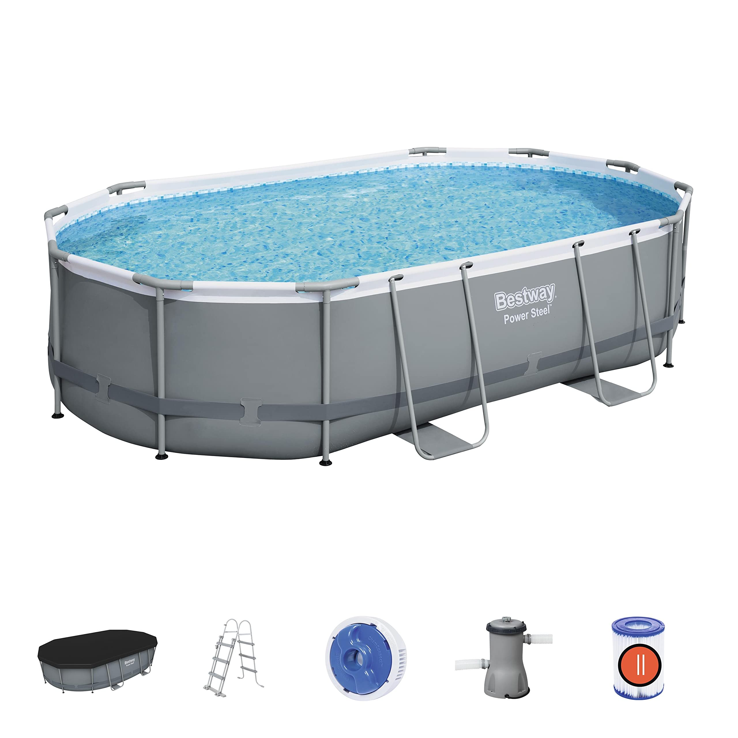 【Sports&Outdoors】Power Steel Above Ground Pool, Garden Swimmin Pool Set, Grey, 16 ft