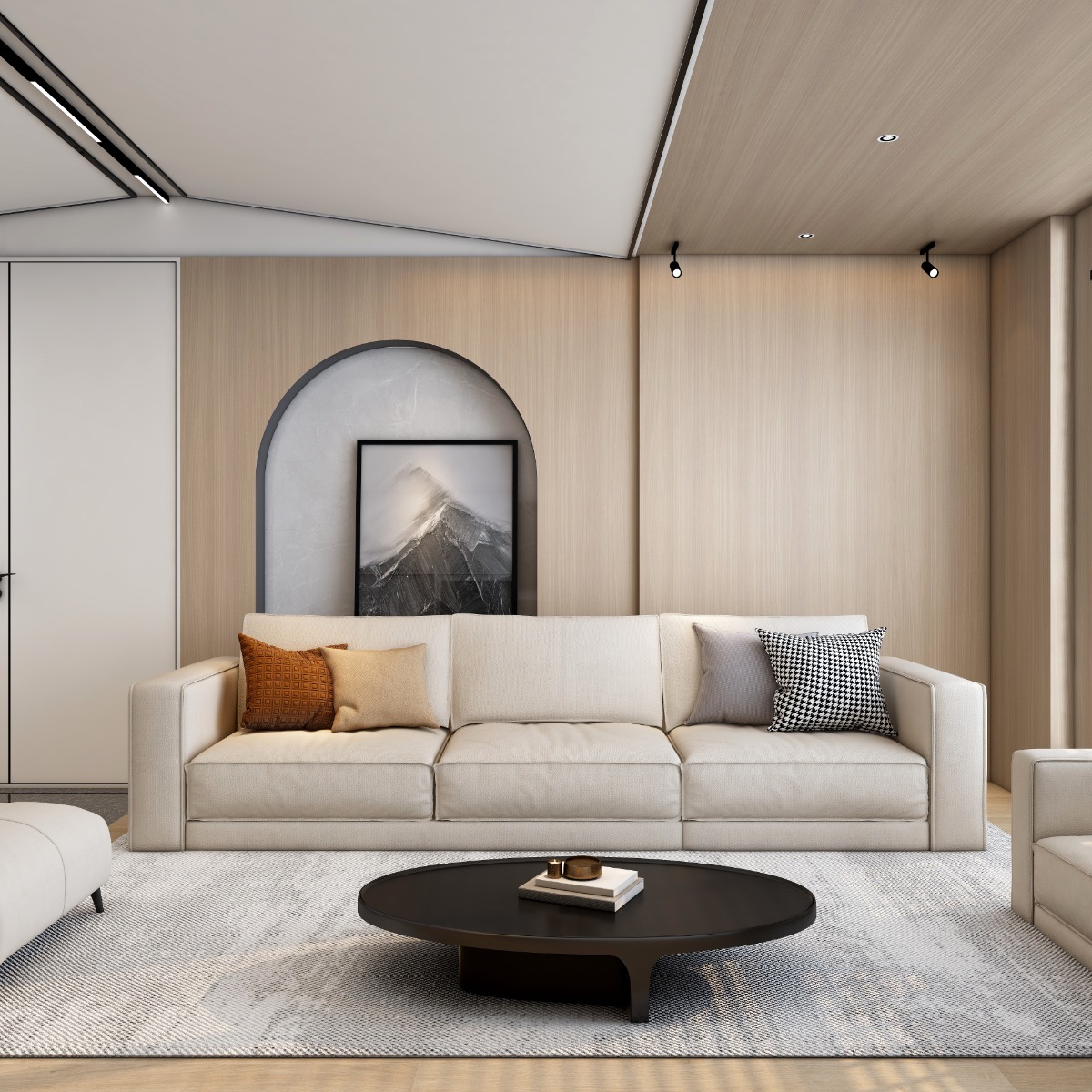 Modern 4 Seater Sofa with Wide Armrest, 4 Pillows, Pine Wood Frame, Bamboo Charcoal Sponge, Cat Scratch Fabric, Beige, 110.24''