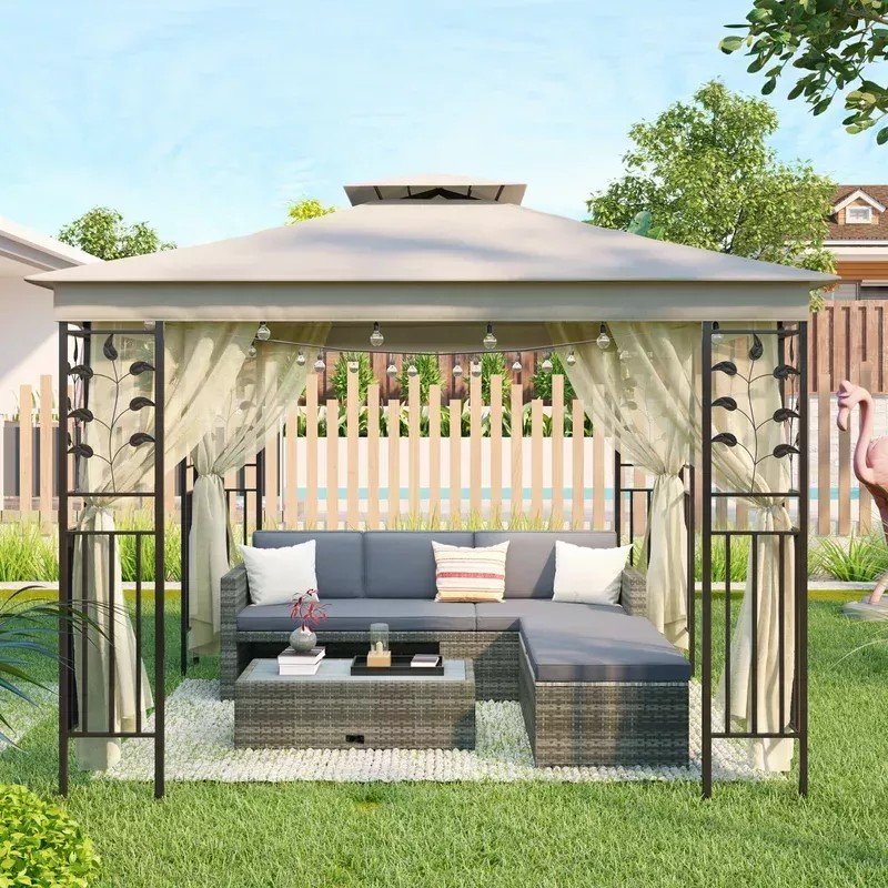 【Gazebo】10x10 Ft Patio BBQ Gazebo w/Side Wall & Mosquito Netting for Outdoor Party Activities, Beige