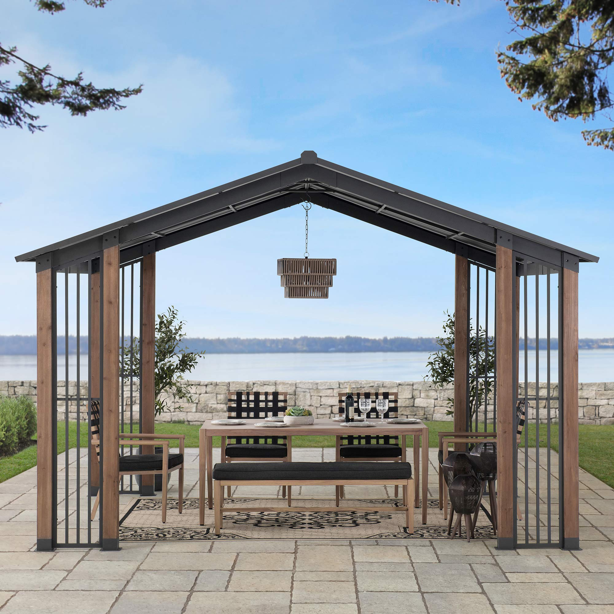 【Gazebo】11x13 Outdoor Cedar Frame Wood Gazebo with Black Steel Hardtop Roof for Patio, Garden, Backyard