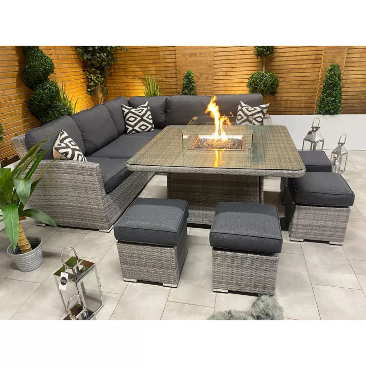 【Furniture】8 PCS Patio Furniture Set, Fire Table Set Sectional Outdoor Furniture Firepit Stone Grey