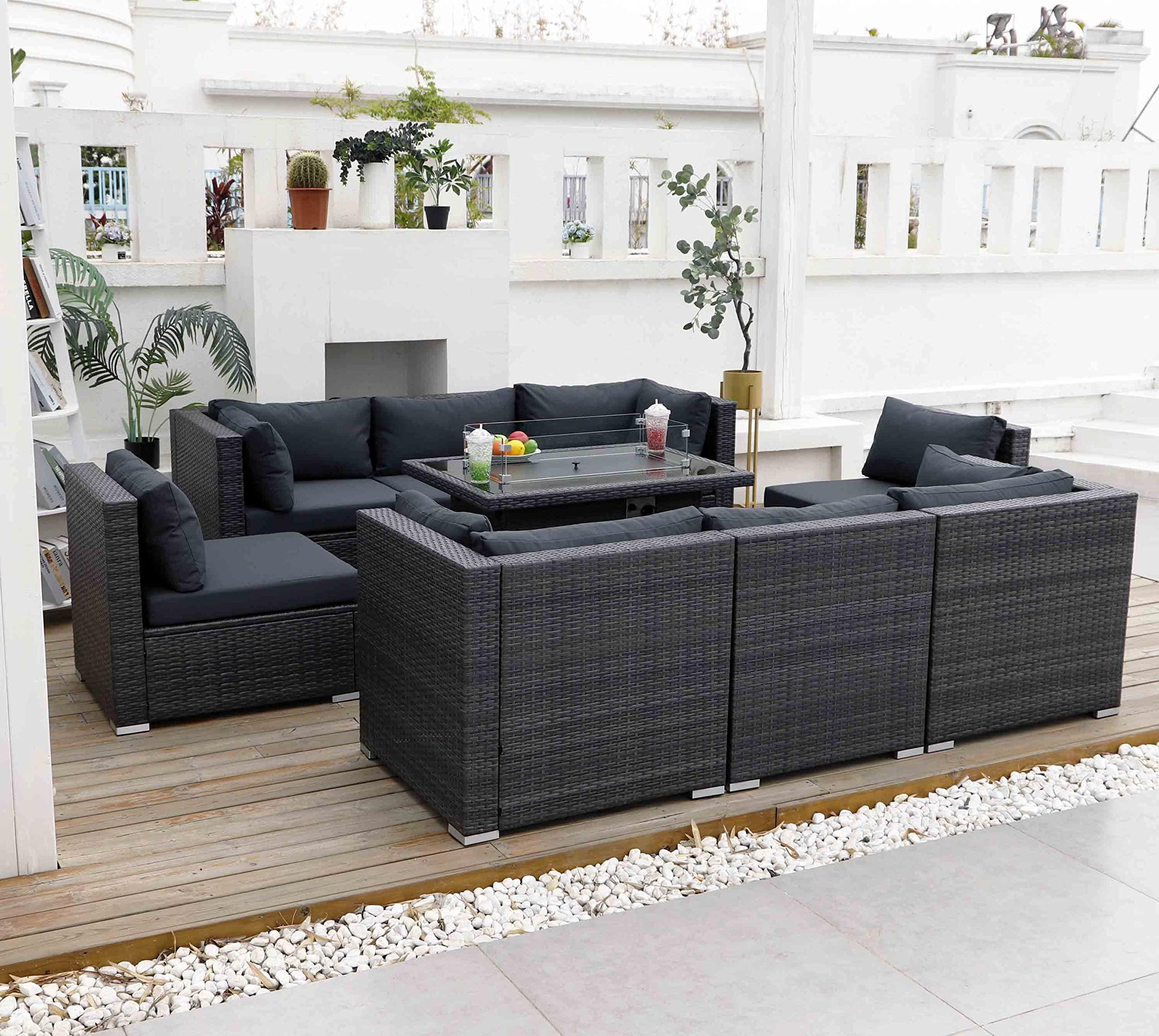 【Home&Garden】Large Size High Back PE Rattan Patio Furniture Sectional Sofa Sets with Fire Pit Table