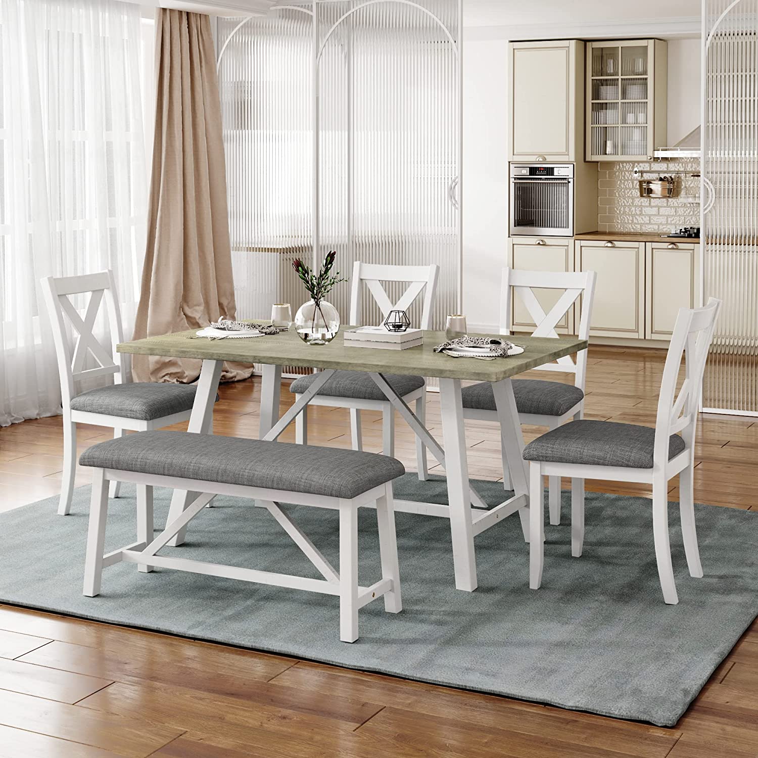 Merax Dining Table Sets, 6 Piece Wood Kitchen Table Set, Home Furniture Table Set with Chairs & Bench (White + Cherry)
