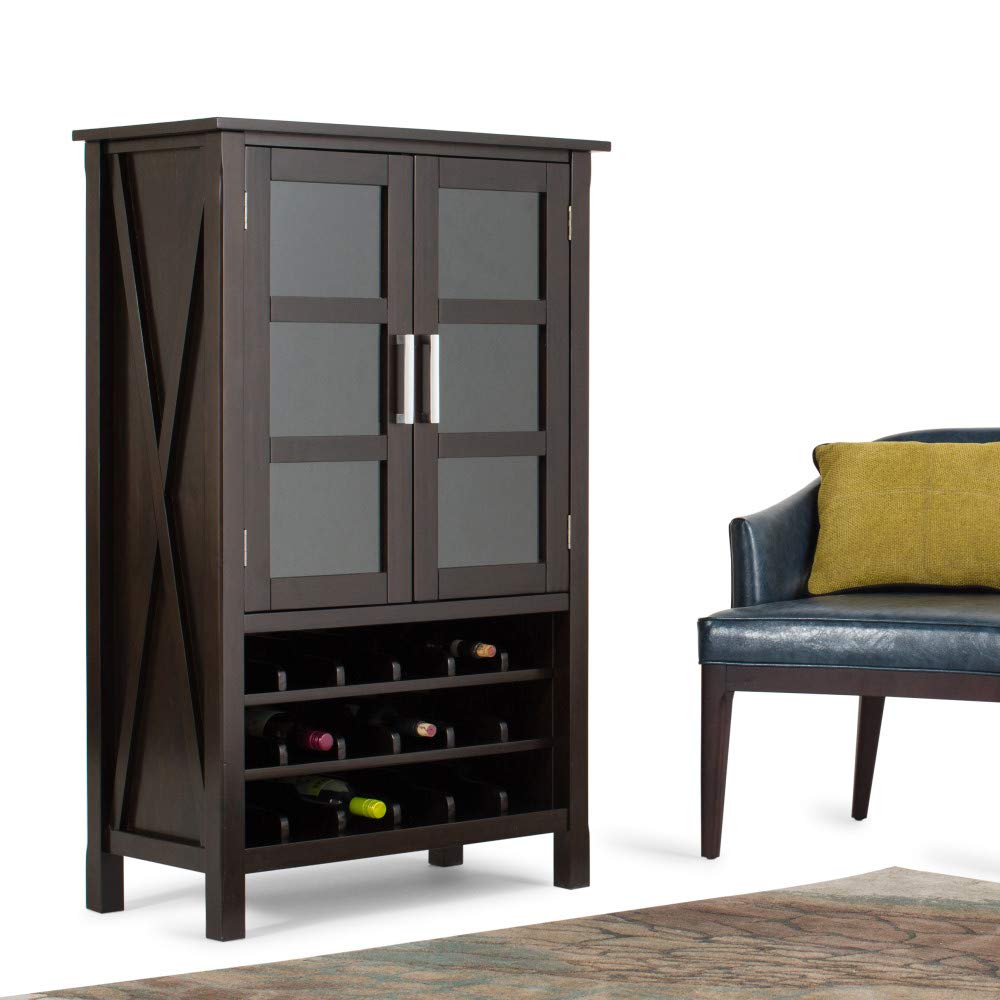 【Furniture】Kitchener 18-Bottle SOLID WOOD 32 inch Wide Contemporary High Storage Wine Rack Cabinet